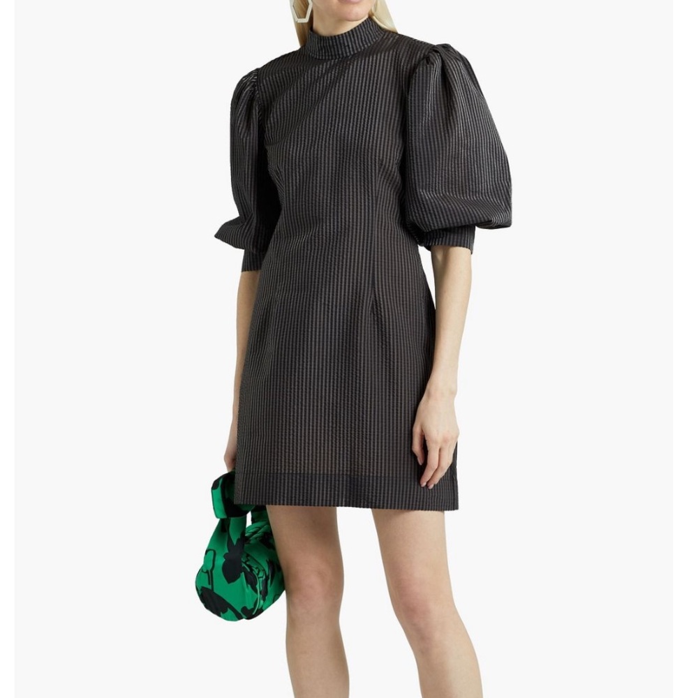 NWT Ganni Metallic Seersucker Puff Sleeve Dress 36